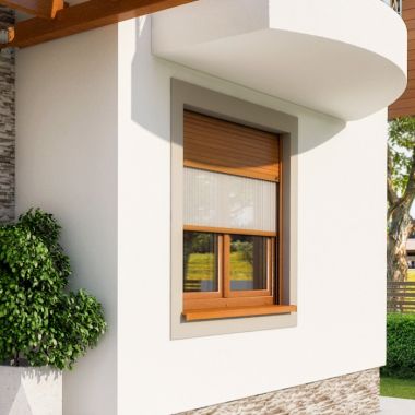 Fenster mit Aufsatzrollladen und Insektenschutz in Golden Oak
