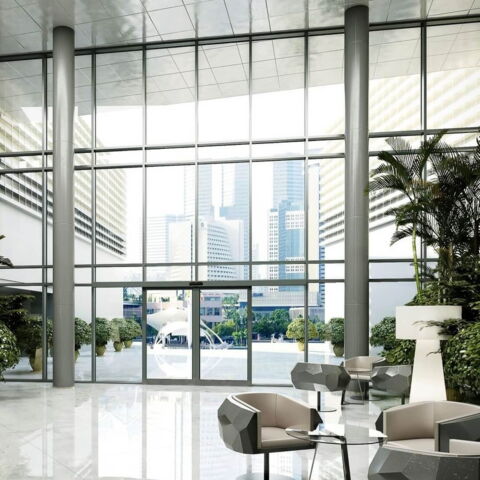 Fensterfassade Eingangsbereich grau