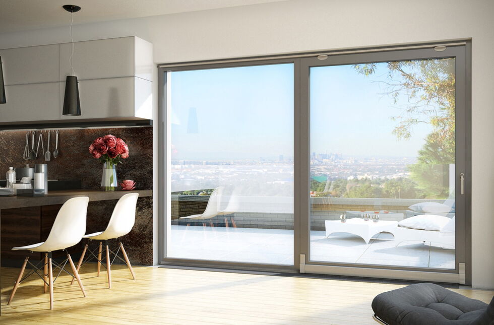 Terrasse mit Aluminium Parallel-Schiebe-Kipp-Tür in Grau