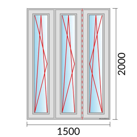 Dreiflügeliges Fenster 150x200 cm mit Dreh-Kipp-Links & Dreh-Kipp-Links & Dreh-Kipp-Rechts Öffnung & Stulp