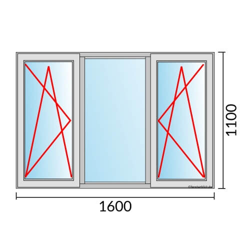 Dreiflügeliges Fenster 160x110 cm mit Dreh-Kipp-Links & Festverglasung & Dreh-Kipp-Rechts Öffnung