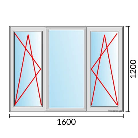 Dreiflügeliges Fenster 160x120 cm mit Dreh-Kipp-Links & Festverglasung & Dreh-Kipp-Rechts Öffnung