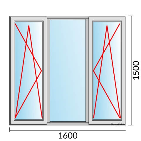 Dreiflügeliges Fenster 160x150 cm mit Dreh-Kipp-Links & Festverglasung & Dreh-Kipp-Rechts Öffnung