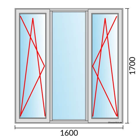 Dreiflügeliges Fenster 160x170 cm mit Dreh-Kipp-Links & Festverglasung & Dreh-Kipp-Rechts Öffnung
