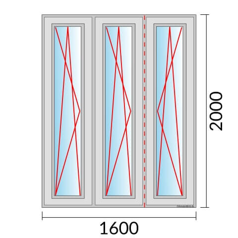 Dreiflügeliges Fenster 160x200 cm mit Dreh-Kipp-Links & Dreh-Kipp-Links & Dreh-Kipp-Rechts Öffnung & Stulp