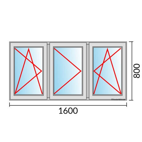 Dreiflügeliges Fenster 160x80 cm mit Dreh-Kipp-Links & Dreh-Links & Dreh-Kipp-Rechts Öffnung