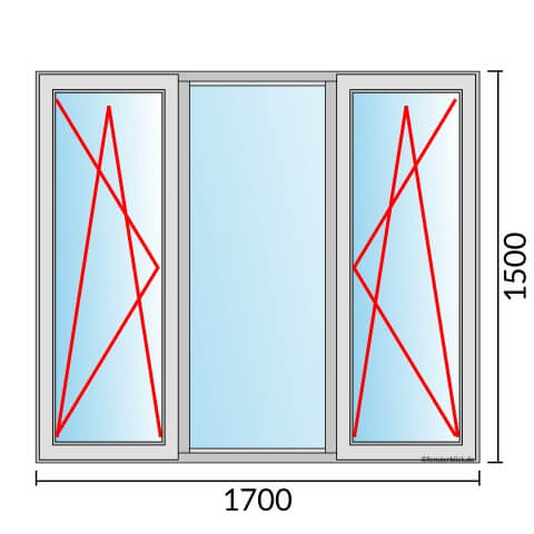 Dreiflügeliges Fenster 170x150 cm mit Dreh-Kipp-Links & Festverglasung & Dreh-Kipp-Rechts Öffnung