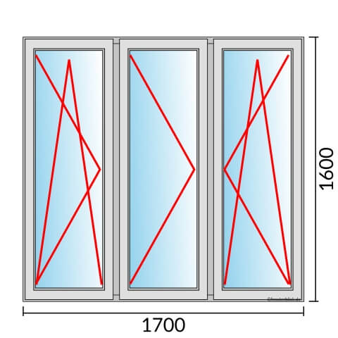 Dreiflügeliges Fenster 170x160 cm mit Dreh-Kipp-Links & Dreh-Links & Dreh-Kipp-Rechts Öffnung