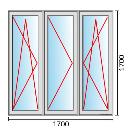 Dreiflügeliges Fenster 170x170 cm mit Dreh-Kipp-Links & Dreh-Links & Dreh-Kipp-Rechts Öffnung