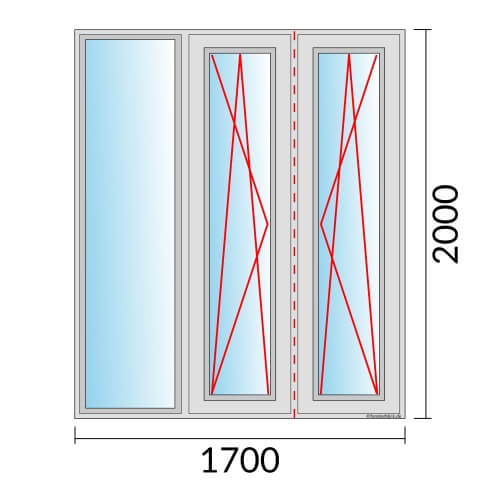 Dreiflügeliges Fenster 170x200 cm mit Festverglasung & im Rahmen mit Dreh-Kipp-Links & Dreh-Kipp-Rechts & Stulp