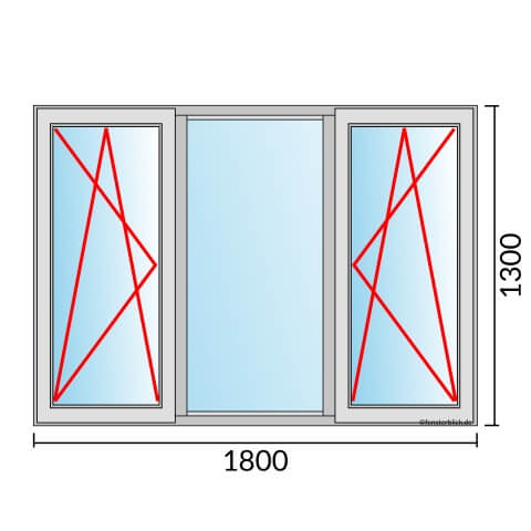 Dreiflügeliges Fenster 180x130 cm mit Dreh-Kipp-Links & Festverglasung & Dreh-Kipp-Rechts Öffnung