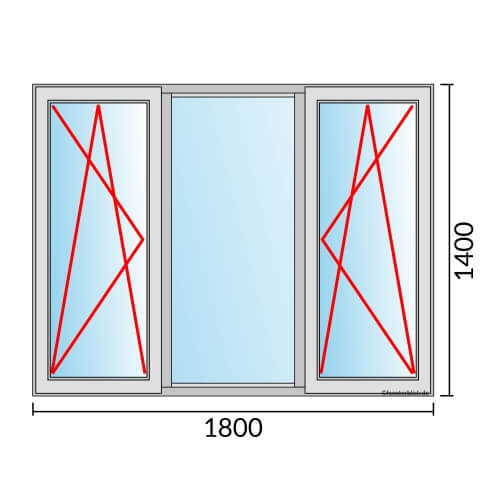 Dreiflügeliges Fenster 180x140 cm mit Dreh-Kipp-Links & Festverglasung & Dreh-Kipp-Rechts Öffnung
