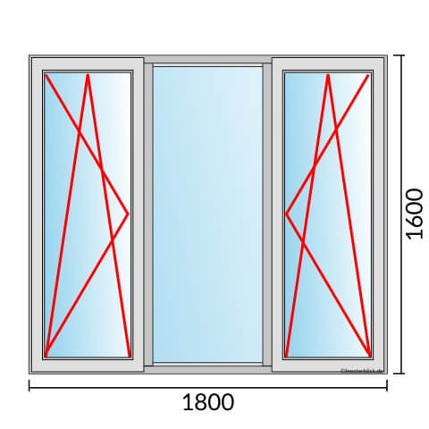 Dreiflügeliges Fenster 180x160 cm mit Dreh-Kipp-Links & Festverglasung & Dreh-Kipp-Rechts Öffnung