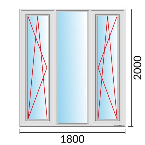 Dreiflügeliges Fenster 180x200 cm mit Dreh-Kipp-Links & mit Festverglasung & mit Dreh-Kipp-Rechts