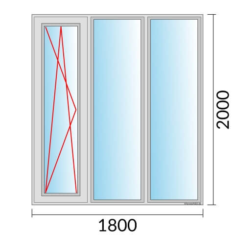 Dreiflügeliges Fenster 180x200 cm mit Dreh-Kipp-Links & mit Festverglasung & mit Festverglasung
