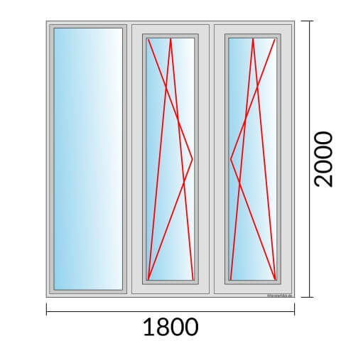 Dreiflügeliges Fenster 180x200 cm mit Festverglasung & im Rahmen mit Dreh-Kipp-Links & Dreh-Kipp-Rechts