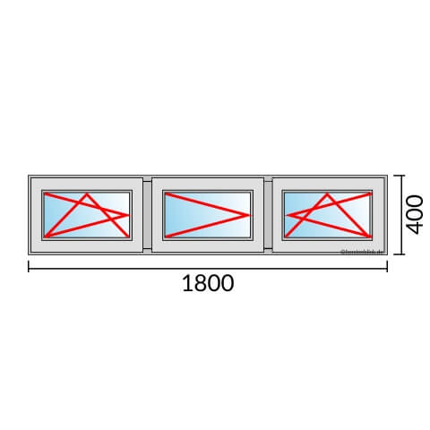 Dreiflügeliges Fenster 180x40 cm mit Dreh-Kipp-Links & Dreh-Links & Dreh-Kipp-Rechts Öffnung