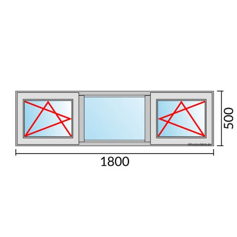 Dreiflügeliges Fenster 180x50 cm mit Dreh-Kipp-Links & Festverglasung & Dreh-Kipp-Rechts Öffnung