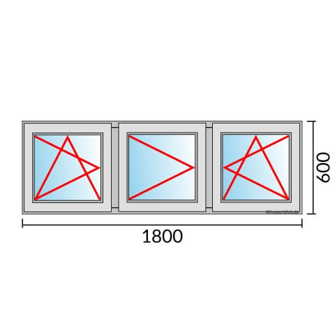 Dreiflügeliges Fenster 180x60 cm mit Dreh-Kipp-Links & Dreh-Links & Dreh-Kipp-Rechts Öffnung