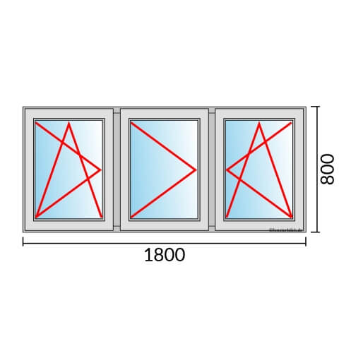 Dreiflügeliges Fenster 180x80 cm mit Dreh-Kipp-Links & Dreh-Links & Dreh-Kipp-Rechts Öffnung