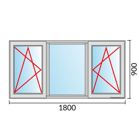Dreiflügeliges Fenster 180x90 cm mit Dreh-Kipp-Links & Festverglasung & Dreh-Kipp-Rechts Öffnung