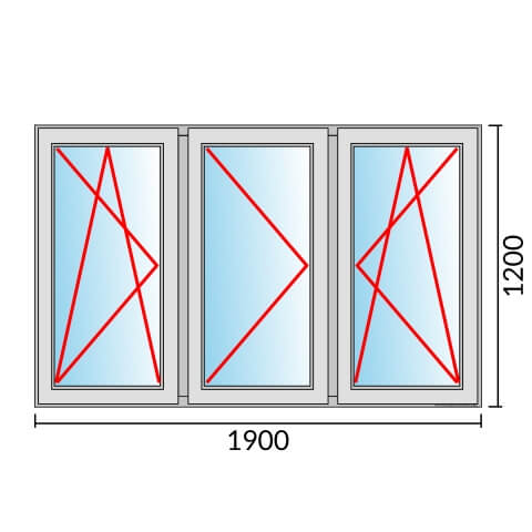 Dreiflügeliges Fenster 190x120 cm mit Dreh-Kipp-Links & Dreh-Links & Dreh-Kipp-Rechts Öffnung