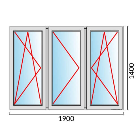 Dreiflügeliges Fenster 190x140 cm mit Dreh-Kipp-Links & Dreh-Links & Dreh-Kipp-Rechts Öffnung