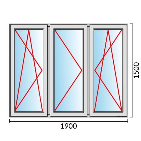 Dreiflügeliges Fenster 190x150 cm mit Dreh-Kipp-Links & Dreh-Links & Dreh-Kipp-Rechts Öffnung