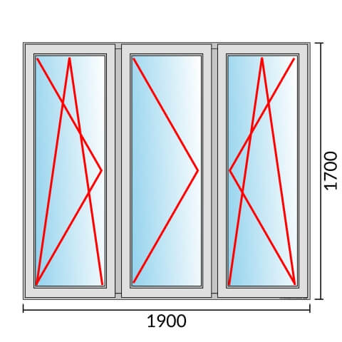 Dreiflügeliges Fenster 190x170 cm mit Dreh-Kipp-Links & Dreh-Links & Dreh-Kipp-Rechts Öffnung