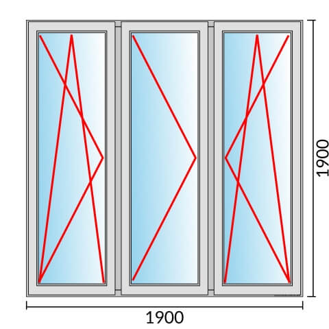 Dreiflügeliges Fenster 190x190 cm mit Dreh-Kipp-Links & Dreh-Links & Dreh-Kipp-Rechts Öffnung