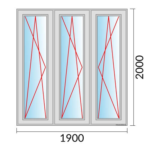 Dreiflügeliges Fenster 190x200 cm mit Dreh-Kipp-Links & Dreh-Kipp-Links & Dreh-Kipp-Rechts Öffnung