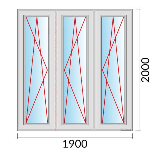 Dreiflügeliges Fenster 190x200 cm mit Dreh-Kipp-Links & Dreh-Kipp-Rechts & Dreh-Kipp-Rechts Öffnung & Stulp