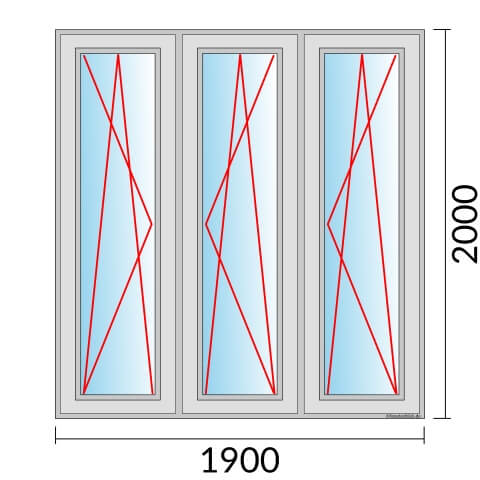 Dreiflügeliges Fenster 190x200 cm mit Dreh-Kipp-Links & Dreh-Kipp-Rechts & Dreh-Kipp-Rechts Öffnung