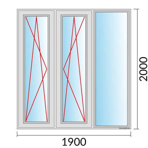 Dreiflügeliges Fenster 190x200 cm mit Dreh-Kipp-Links & Dreh-Kipp-Rechts & mit Festverglasung im Rahmen