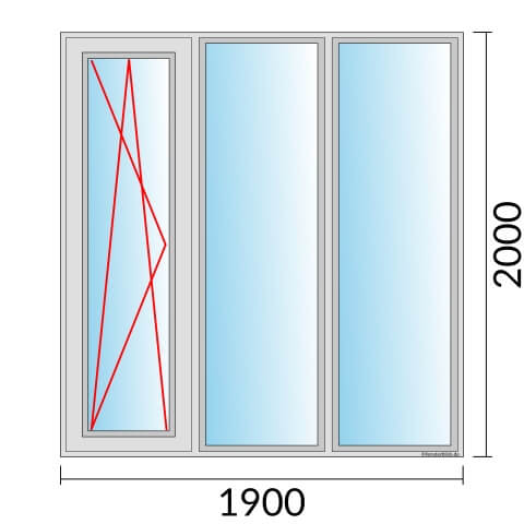 Dreiflügeliges Fenster 190x200 cm mit Dreh-Kipp-Links & mit Festverglasung & mit Festverglasung
