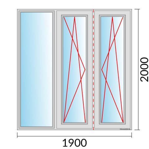 Dreiflügeliges Fenster 190x200 cm mit Festverglasung & im Rahmen mit Dreh-Kipp-Links & Dreh-Kipp-Rechts & Stulp