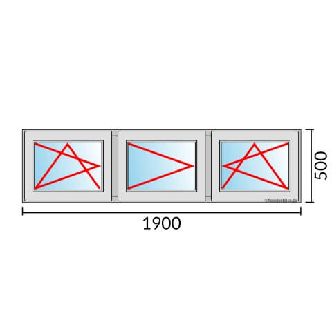 Dreiflügeliges Fenster 190x50 cm mit Dreh-Kipp-Links & Dreh-Links & Dreh-Kipp-Rechts Öffnung