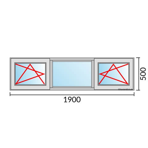 Dreiflügeliges Fenster 190x50 cm mit Dreh-Kipp-Links & Festverglasung & Dreh-Kipp-Rechts Öffnung