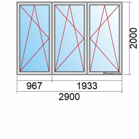 Balkontür 290x200 cm 3-flügelig Dreh-Kipp-Links, Dreh-Kipp-Links & Dreh-Kipp-Rechts technische Details