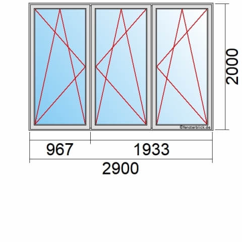 Balkontür 290x200 cm 3-flügelig Dreh-Kipp-Links, Dreh-Kipp-Rechts & Dreh-Kipp-Rechts technische Details
