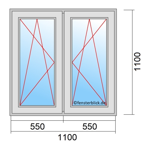 Zweiflügeliges Fenster 110x110 cm mit Dreh-Kipp-Links & Dreh-Kipp-Rechts Öffnung