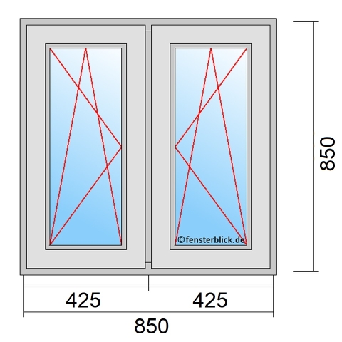 Zweiflügeliges Fenster 85x85 cm mit Dreh-Kipp-Links & Dreh-Kipp-Rechts Öffnung technische Details