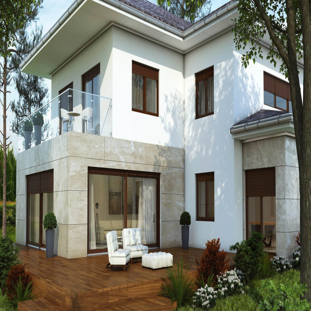 Hebeschiebetüren braun Terrasse Holz außen