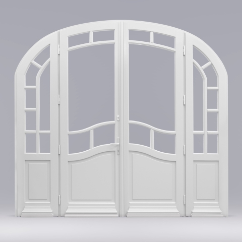Holztür mit Rundbogen-Form und Seitenteilen in der Farbe Weiß
